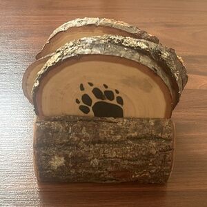 Rustic Bear Paw Wooden Coaster Set